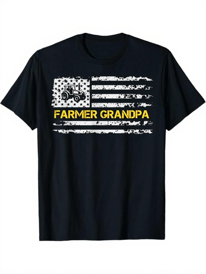 Men's Graphic T-Shirt Farmer Grandpa Bold Yellow Stripe With Tractor And Distressed American Flag