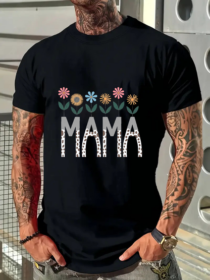 Men's Graphic T-Shirt Mama With Pastel Spring Flowers Under Boho Retro Letters