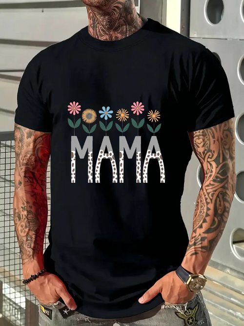 Men's Graphic T-Shirt Mama With Pastel Spring Flowers Under Boho Retro Letters