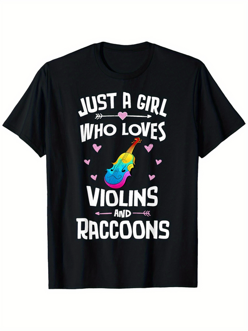 Men's Graphic T-Shirt Just A Girl Who Loves Vibrant Cartoon Style Raccoon With Hearts Violins And Raccoons