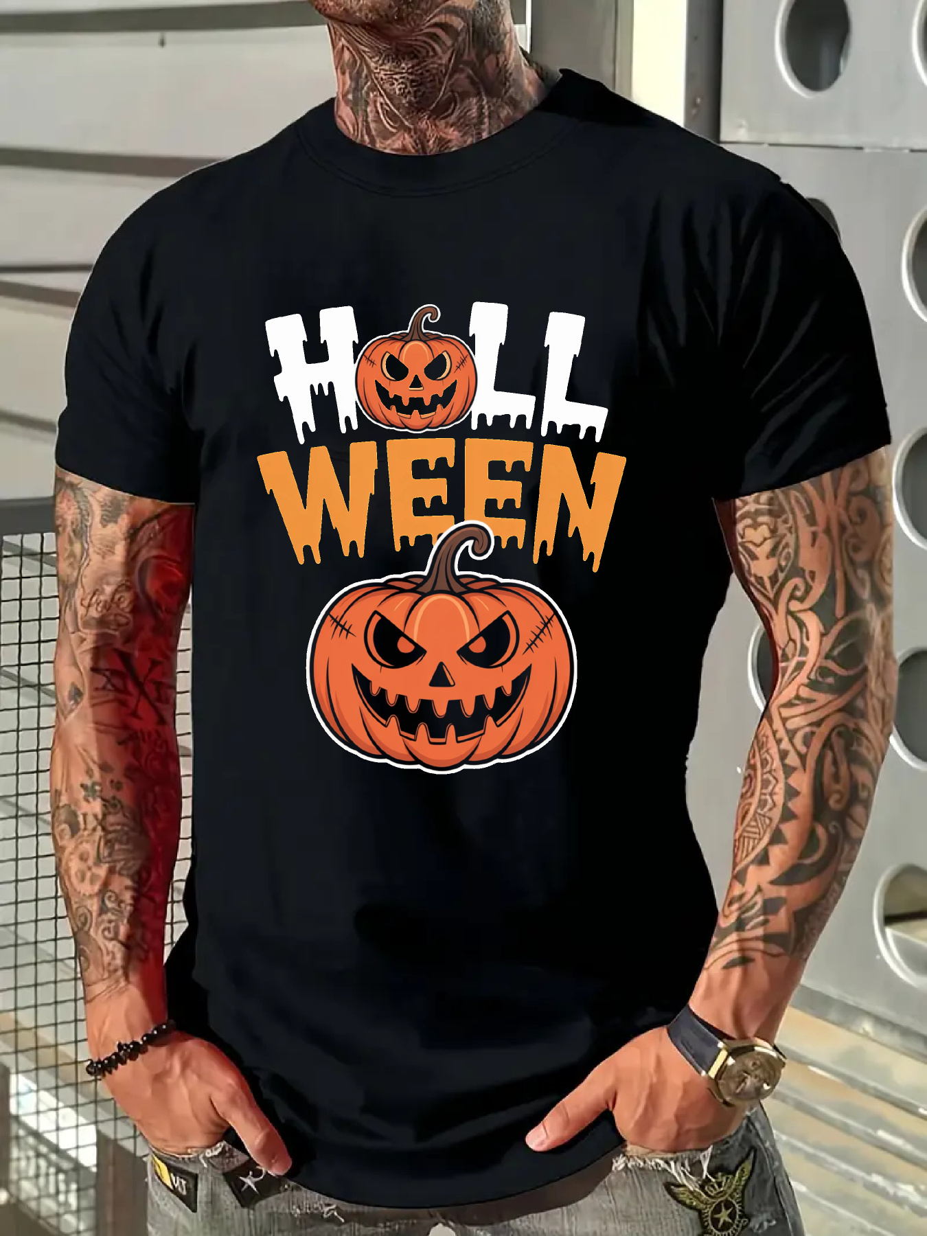 Men's Graphic T-Shirt Halloween Spooky Pumpkins With Dripping Bold Letter Halloween Pumpkin