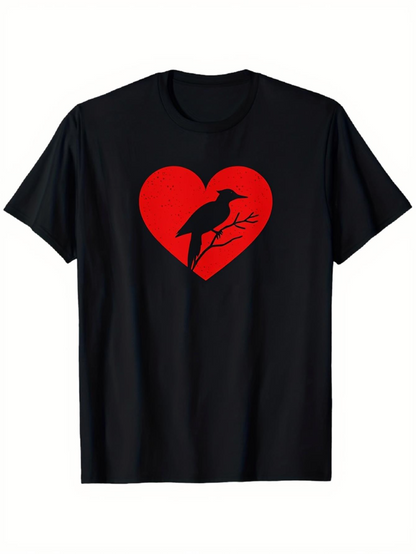 Men's Graphic T-Shirt Red Heart With Perched Crow On Bare Tree Branch