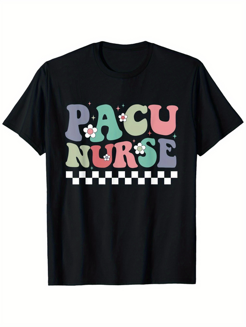 Men's Graphic T-Shirt PACU Nurse Playful Pastel Lettering With Checkerboard Flowers