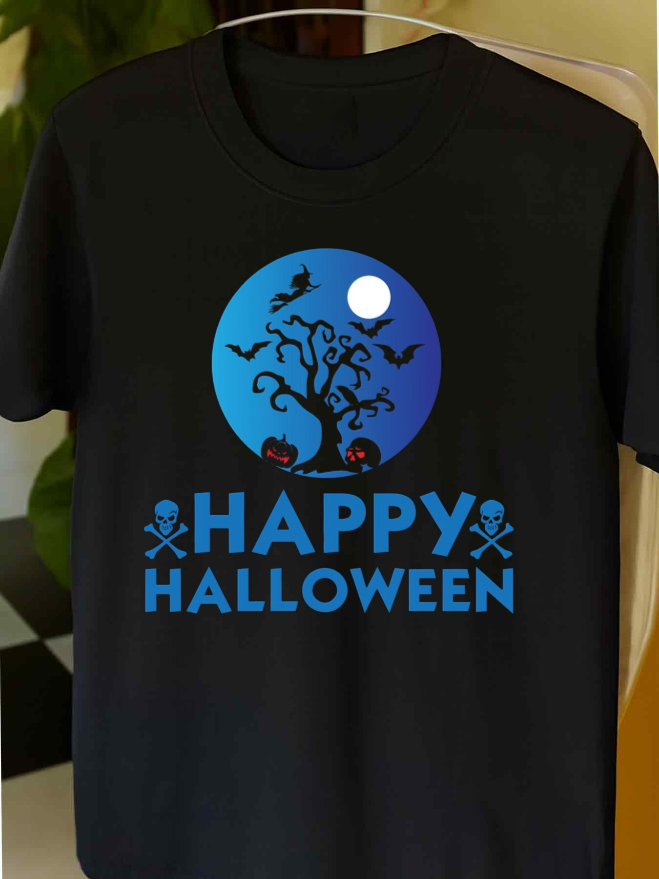 Men's Graphic T-Shirt Happy Halloween Spooky Night With Pumpkins Bats And Creepy Tree