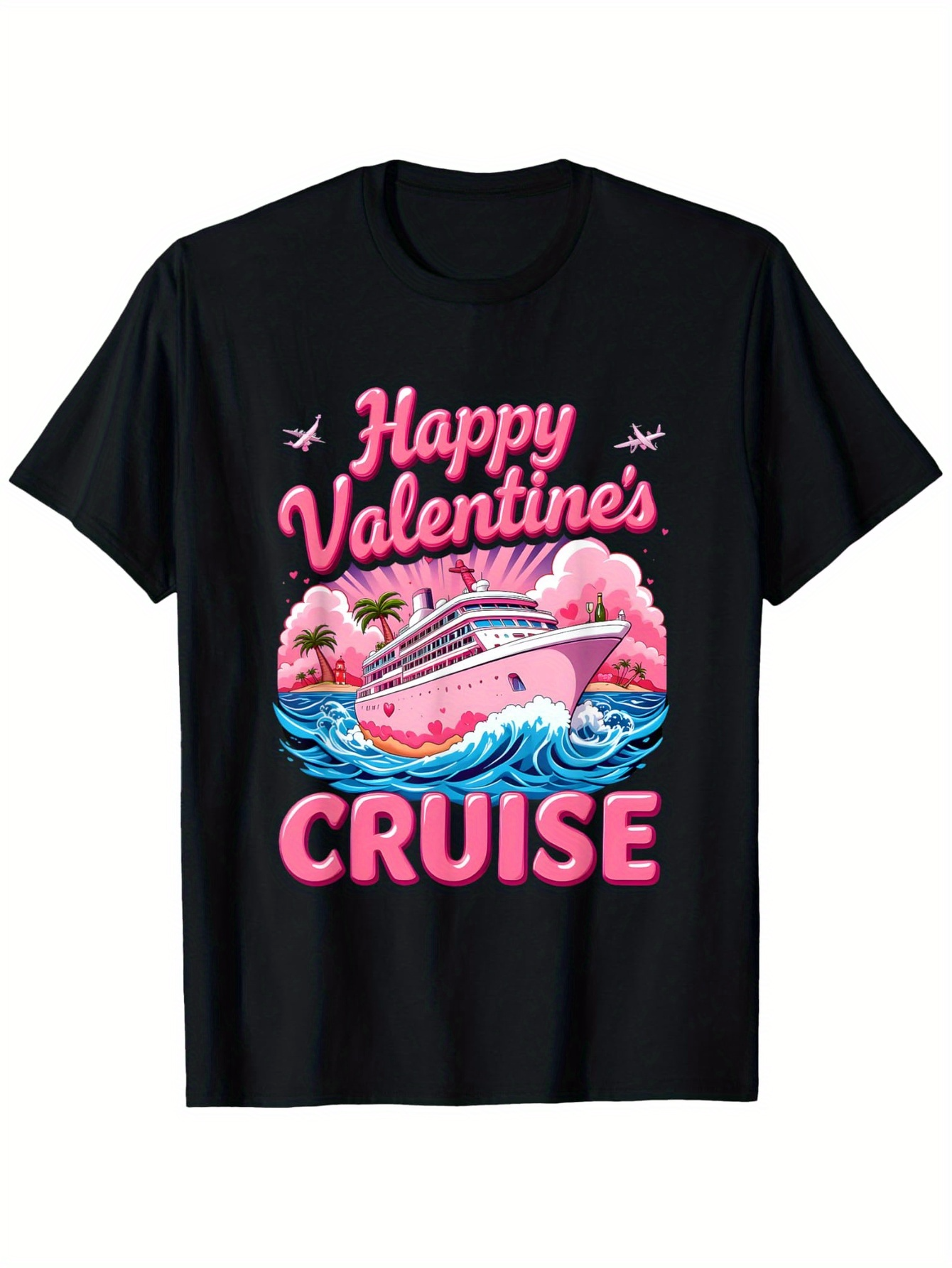 Men's Graphic T-Shirt Happy Valentines Cruise With Airplanes Pink Waves And Ocean Liner