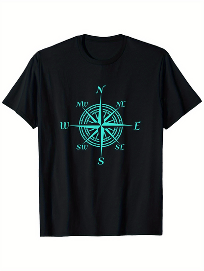 Men's Graphic T-Shirt Windrose Compass Directions Surrounded By Cyan Radiant Lines Compass