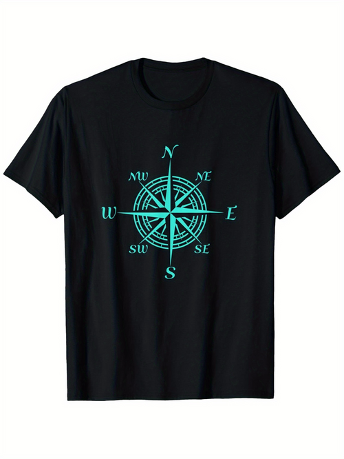 Men's Graphic T-Shirt Windrose Compass Directions Surrounded By Cyan Radiant Lines Compass