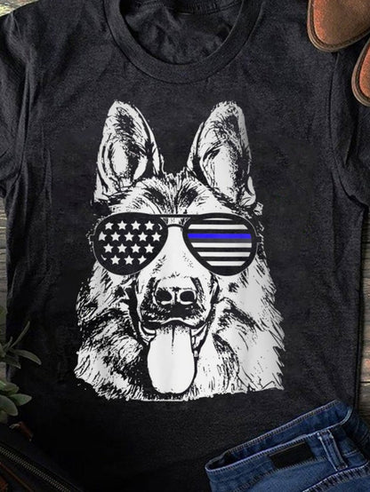 Men's Graphic T-Shirt Hand Drawn Dog With Sunglasses Featuring American Flag Pattern