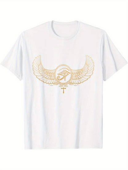 Men's Graphic T-Shirt Golden Egyptian Winged Eye With Ankh Amulet Centered Ancient Symbol