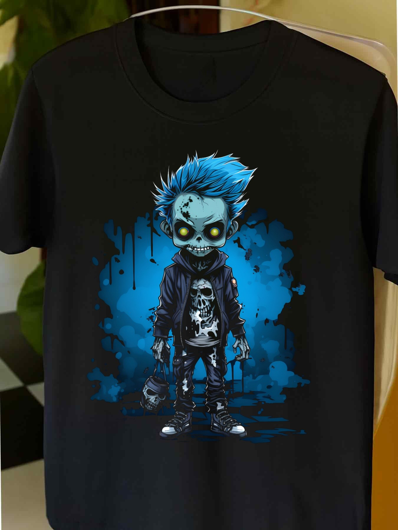 Men's Graphic T-Shirt Electric Blue Spray Paint Among Neon Clouds Standing Punk Skeleton