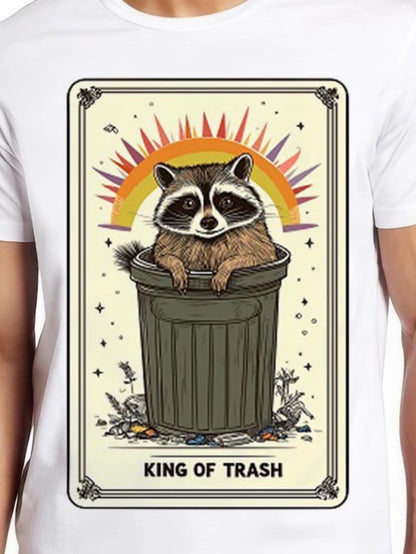 Men's Graphic T-Shirt King Of Trash Rising Sun With Playful Curious Raccoon In Garbage Can