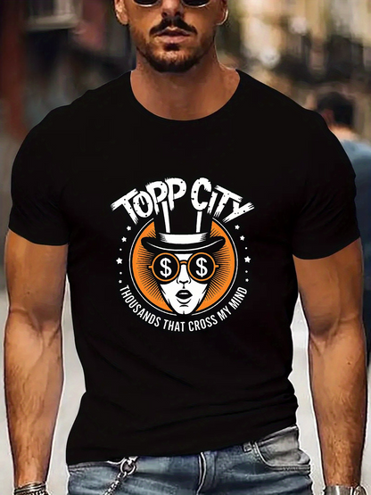Men's Graphic T-Shirt Topp City Graphic With Woman In Top Hat Surrounded By Dollar Signs