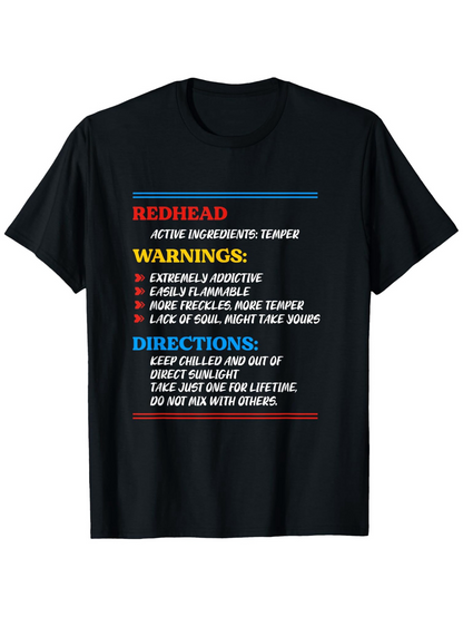 Men's Graphic T-Shirt Redhead Warnings And Directions Humor Statement On Black Short Sleeve Shirt