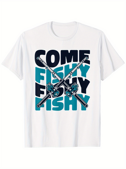 Men's Graphic T-Shirt Come Fishy Teal Letters With Crossed Fishing Rods Centerpiece