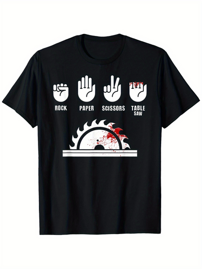 Men's Graphic T-Shirt Rock Paper Scissors Table Saw With Funny Bloody Hand Graphic