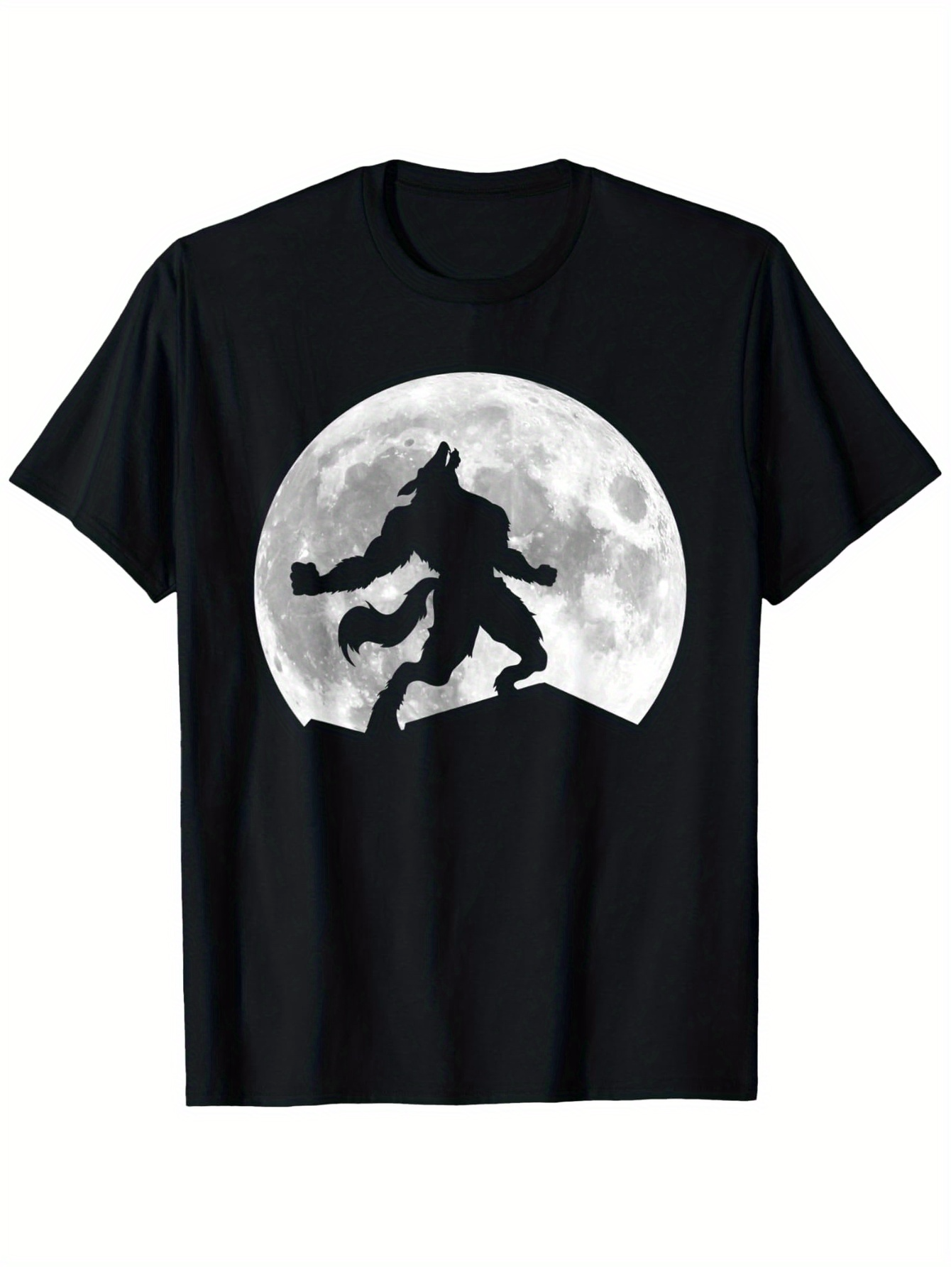 Men's Graphic T-Shirt Full Moon Silhouette With Howling Lone Wolf Standing Elevated
