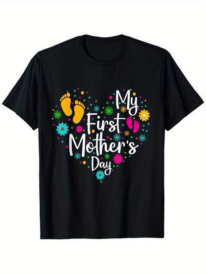 Men's Graphic T-Shirt My First Mothers Day Colorful Dotted Heart With Baby Footprints And Flowers Shirt
