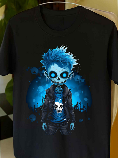 Men's Graphic T-Shirt Electric Blue Haired Skeleton Teenager In A Nighttime Urban Area