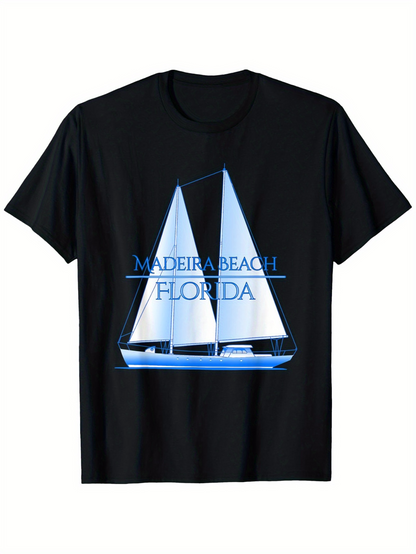Men's Graphic T-Shirt Madeira Beach Florida Glowing Blue Silhouette Of Sailing Yacht At Night Sailboat