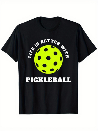Men's Graphic T-Shirt Life Is Better With Pickleball Bright Green Ball With Playful Black Dots Pickleball