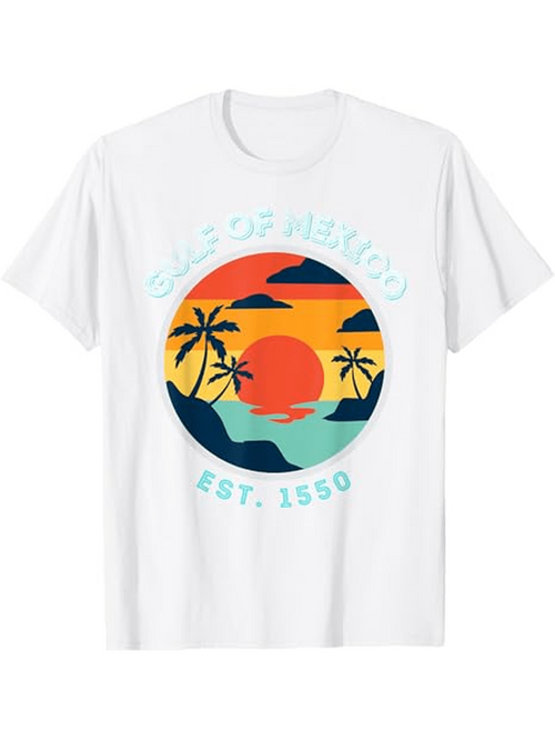 Men's Graphic T-Shirt Gulf Of Mexico Est 1550 Retro Sunset Beach Scene With Palm Trees And Ocean
