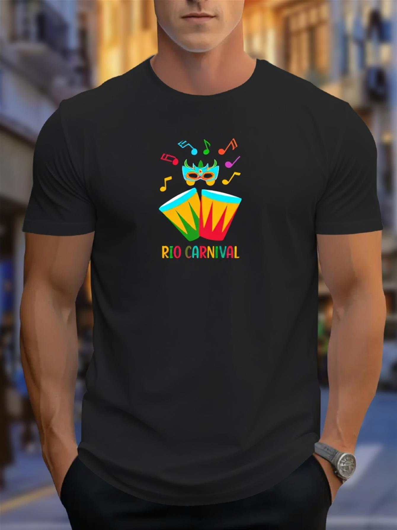 Men's Graphic T-Shirt Rio Carnival Festive Drums With Bright Colors And Carnival Mask