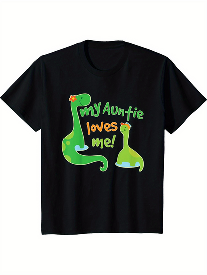 Men's Graphic T-Shirt My Auntie Loves Me Playful Green Cartoon Dinosaurs With Orange Hearts