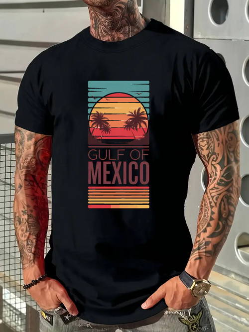 Men's Graphic T-Shirt Gulf Of Mexico Retro Sunset Gradient Lines Palm Trees Beach