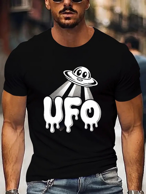 Men's Graphic T-Shirt Playful Cartoon Character Spaceship With Dripping Goo Letters UFO