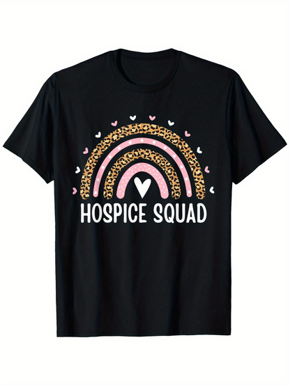 Men's Graphic T-Shirt Hospice Squad Pink Leopard Rainbow With Hearts And White Lettering Rainbow