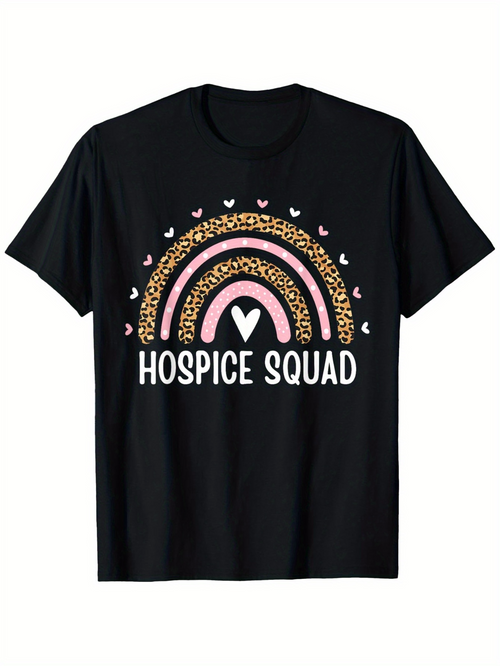 Men's Graphic T-Shirt Hospice Squad Pink Leopard Rainbow With Hearts And White Lettering Rainbow