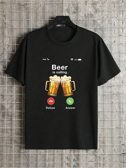 Men's Graphic T-Shirt Beer Is Calling With Foamy Golden Mugs And Phone Call Icons Beer