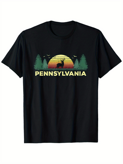 Men's Graphic T-Shirt Pennsylvania Sunset Mountains With Pine Trees And Flying Birds Deer