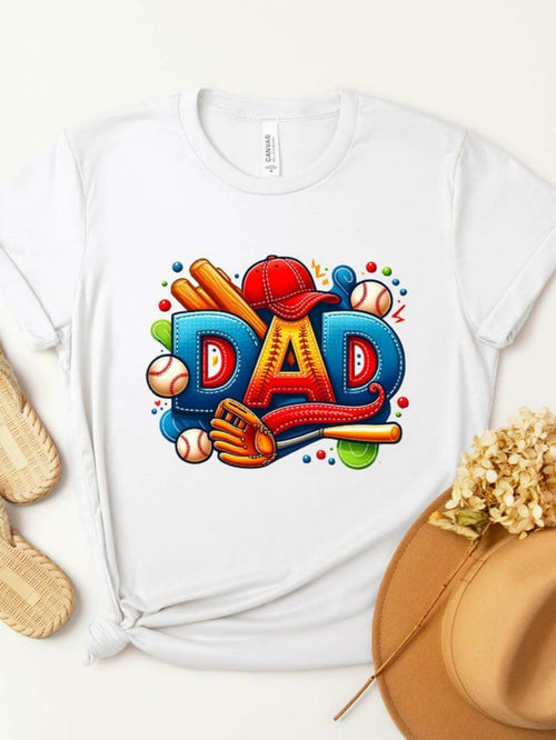 Women's Graphic T-Shirt Colorful Baseball Elements Surrounding Bold Lettering Dad