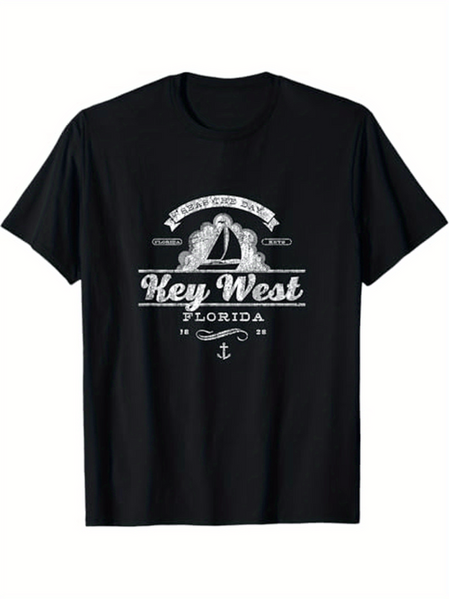 Men's Graphic T-Shirt Vintage Nautical Elements With Waves And Anchor Surrounding Key West Florida Sailboat