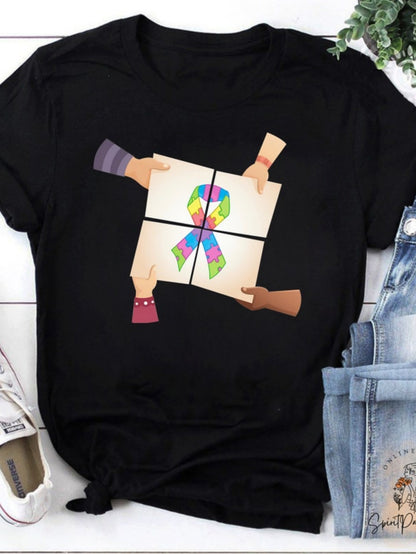Men's Graphic T-Shirt Colorful Ribbon Shaped Puzzle Pieces Held By Diverse Hands