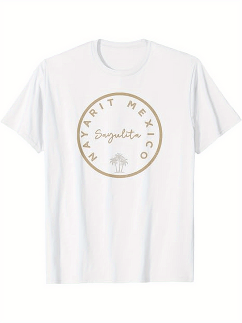 Men's Graphic T-Shirt Circular Sand Print With Handwritten Style Signature And Palm Tree