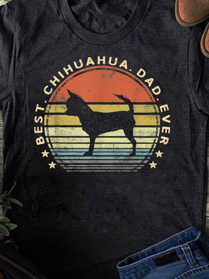 Men's Graphic T-Shirt Best Chihuahua Dad Ever Vintage Sunset With Striped Retro Circle Silhouette Chihuahua Dog