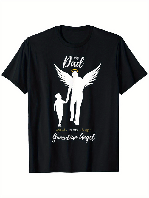 Men's Graphic T-Shirt My Dad Walks Beside Me As Guardian Angel With Silhouetted Child And Winged Figure