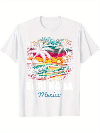 Men's Graphic T-Shirt Ensenada Mexico Vibrant Sunset Ocean With Palms And Crashing Wave Beach