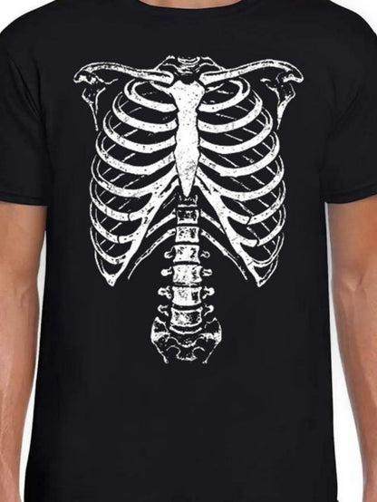 Men's Graphic T-Shirt Anatomical White Bones With Realistic Details Against Black Shirt Ribcage
