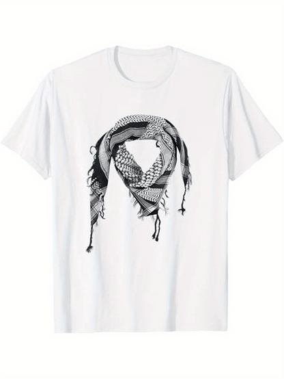 Men's Graphic T-Shirt Textured Monochrome Print With Intricate Patterned Scarf Draped Over Shirt