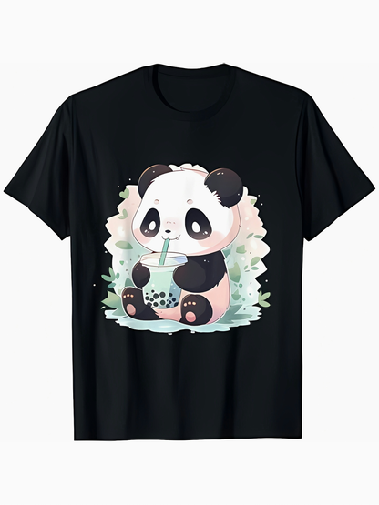 Men's Graphic T-Shirt Cute Cartoon Panda Drinking Bubble Tea With Bamboo Leaves
