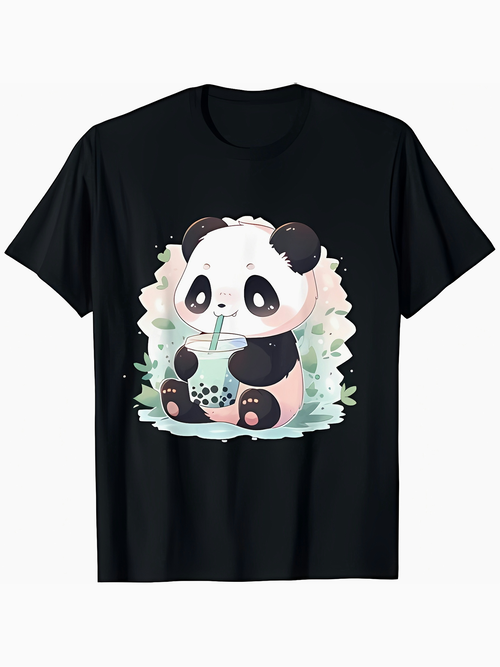 Men's Graphic T-Shirt Cute Cartoon Panda Drinking Bubble Tea With Bamboo Leaves