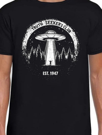 Men's Graphic T-Shirt Truth Seekers Club Night Scene With UFO Among Dark Pine Trees