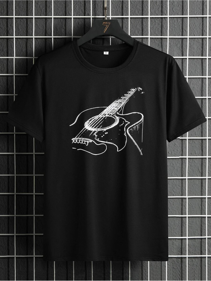 Men's Graphic T-Shirt Abstract White Contour Lines With Artistic Flowing Accents Guitar