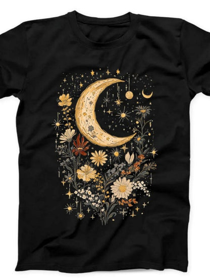 Men's Graphic T-Shirt Golden Crescent Moon Surrounded By Daisies Stars And Wildflowers Night Sky