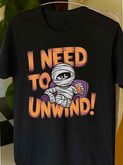 Men's Graphic T-Shirt I Need To Unwind Cartoon Mummy On Sofa Holding Popcorn