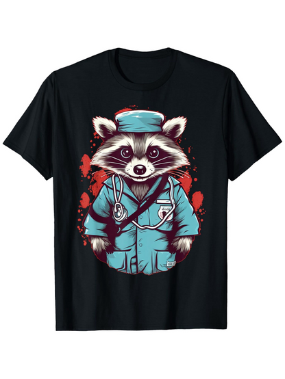 Men's Graphic T-Shirt Adorable Cartoon Raccoon Wearing Blue Scrubs Surrounded By Red Artistic Background Raccoon