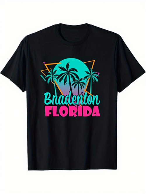 Men's Graphic T-Shirt Bradenton Florida Neon Sunset With Palm Trees And Geometric Tropical Design